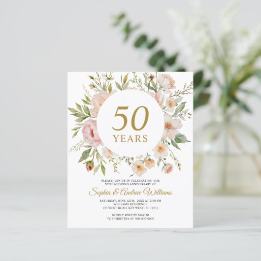 Budget Soft Flowers 50th Anniversary Invitation (Staand voorkant)
