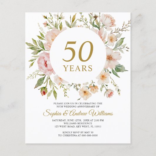 Budget Soft Flowers 50th Anniversary Invitation (Voorkant)