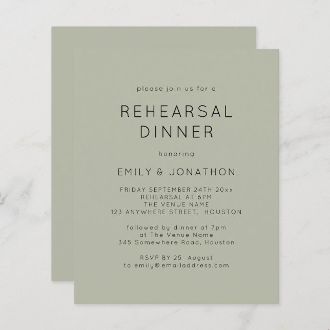 Budget Soft Sage Rehearsal Dinner Wedding Invite (Voorkant / Achterkant)