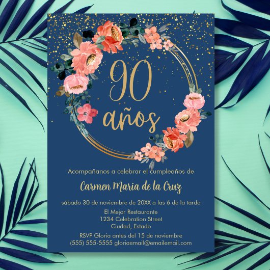 Budget Spaans Blauw Elegant 90ste Verjaardagsfeest Kaart