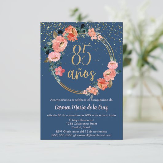 Budget Spaans Blauw Goud Roze Bloemen 85ste Verjaa Kaart (Staand voorkant)