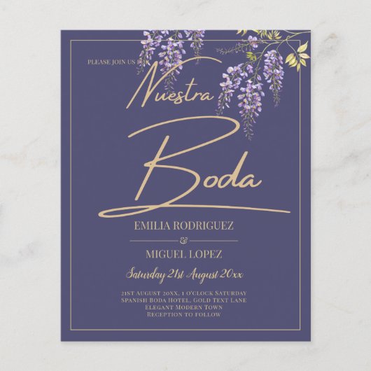 BUDGET Spaans BODA Wisteria Paars Goud Trouwen Flyer (Voorkant)