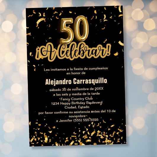 Budget Spaans Zwart & Goud Confetti 50e Verjaardag Kaart