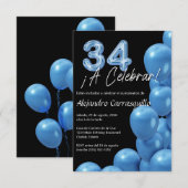 Budget Spaanse Blauwe Ballonnen Zwart 34e Verjaard Kaart (Voorkant / Achterkant)