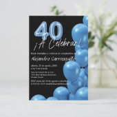Budget Spaanse Blauwe Ballonnen & Zwart 40e Verjaa Kaart (Staand voorkant)