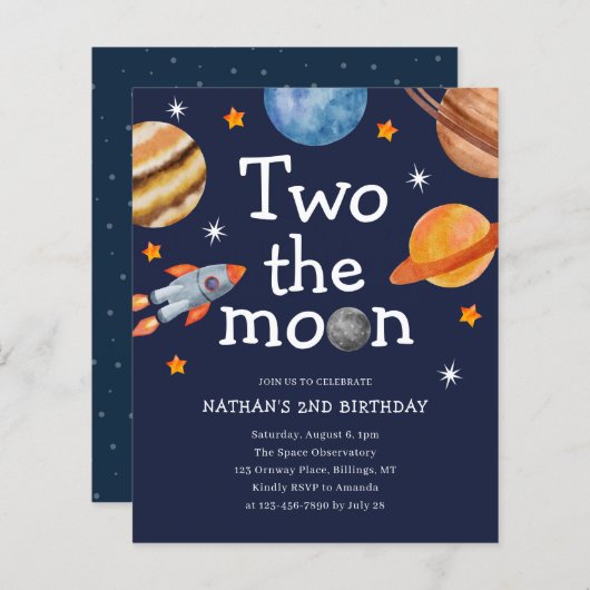 Budget Space Boy's Blue Tweede Verjaardag Uitnodig (Voorkant / Achterkant)