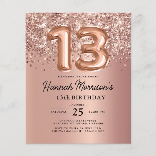 Budget Sparkle 13e Verjaardag Roos Gold Party Flyer (Voorkant)