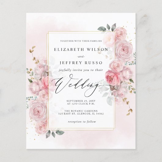 Budget Spring Blush Goud Bloemen Bruiloft Uitnodig (Voorkant)