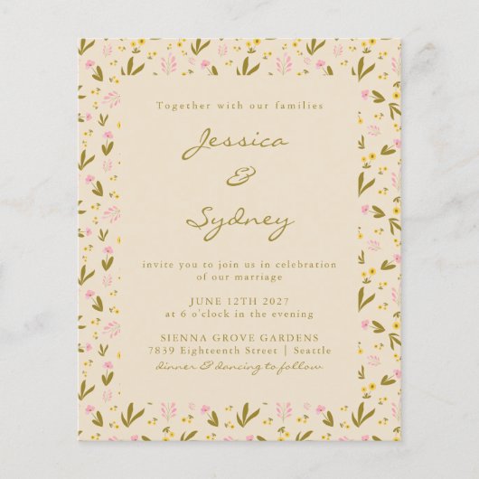 Budget Spring Flowers Botanical Weduwen Uitnodigin (Voorkant)