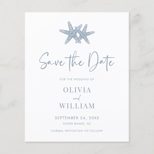 Budget Starfish Beach Dusty Blue Save the Date (Voorkant)