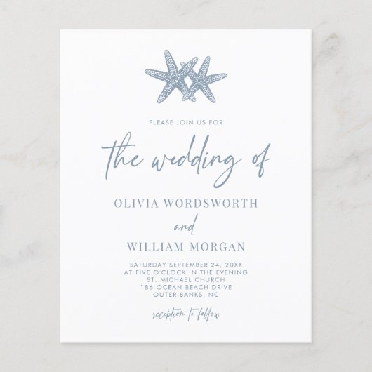 Budget Starfish Dusty Blue Script Wedding Invite Flyer (Voorkant)