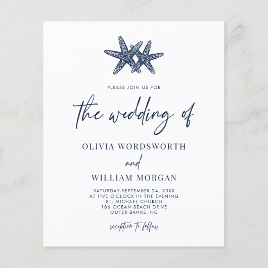 Budget Starfish Nautical Navy Blue Wedding Invite Flyer (Voorkant)