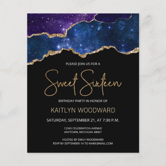 Budget Starry Gold Agate Dark Sweet 16 Uitnodiging (Voorkant)