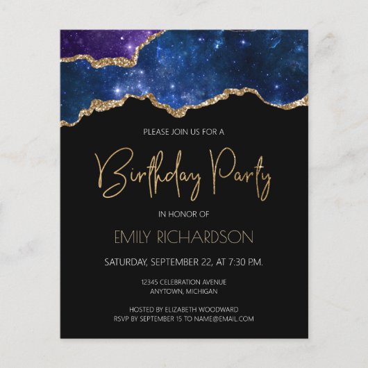 Budget Starry Gold Agate Geode Birthday Uitnodigin (Voorkant)