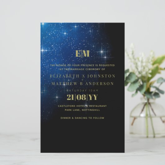 BUDGET Starry Night Navy Goud A9 Trouw Uitnodiging (Staand voorkant)