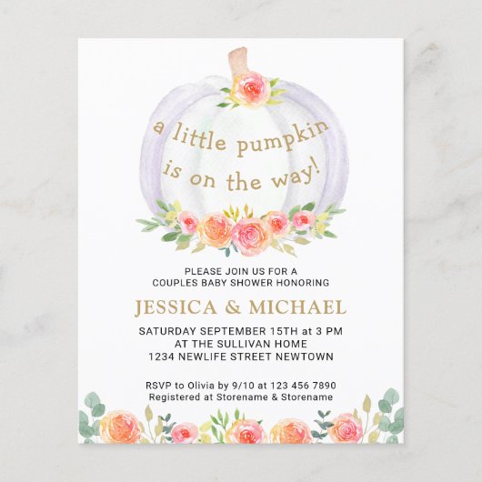 Budget Stel Pompoen Bloem Baby Shower Uitnodiging (Voorkant)