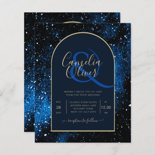 BUDGET Sterrennacht Navy Blue Gold Wedding INVITE (Voorkant / Achterkant)