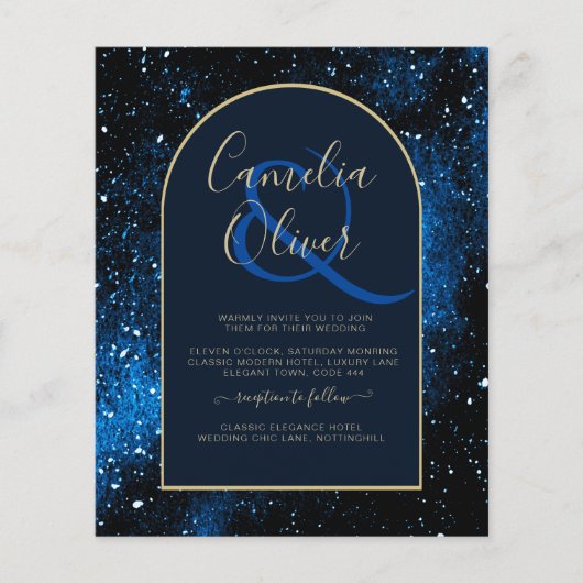BUDGET Sterrennacht Navy Blue Gold Wedding INVITE Flyer (Voorkant)