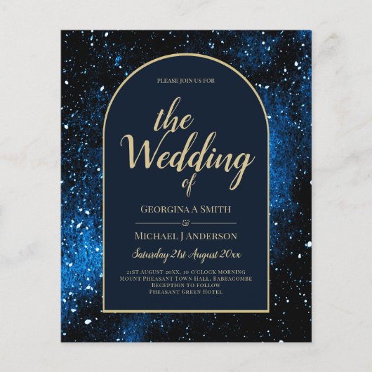 BUDGET Sterrennacht Navy Blue Gold Wedding INVITE Flyer (Voorkant)