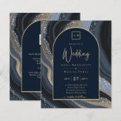 BUDGET Sterrennacht Navy Gold Agate Wedding INVITE (Voorkant / Achterkant)