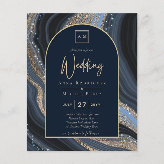 BUDGET Sterrennacht Navy Gold Agate Wedding INVITE (Voorkant)