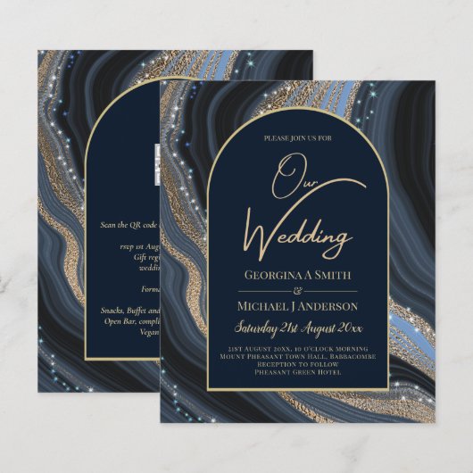 BUDGET Sterrennacht Navy Gold Agate Wedding INVITE (Voorkant / Achterkant)