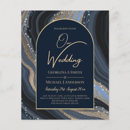 BUDGET Sterrennacht Navy Gold Agate Wedding INVITE (Voorkant)