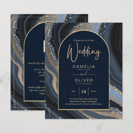 BUDGET Sterrennacht Navy Gold Agate Wedding INVITE (Voorkant / Achterkant)