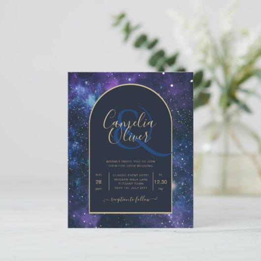 BUDGET Sterrennacht Paars Blue Wedding INVITE (Staand voorkant)