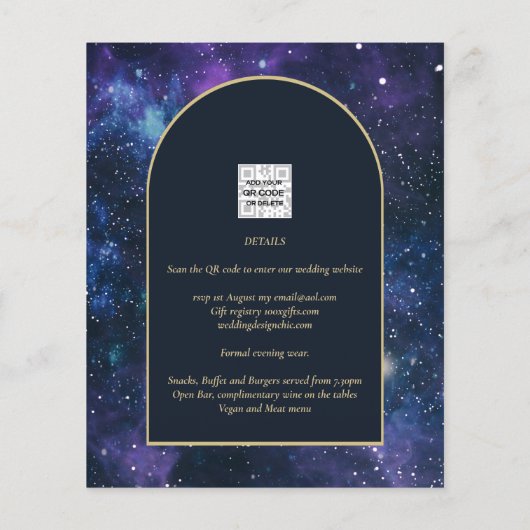BUDGET Sterrennacht Paars Blue Wedding INVITE (Achterkant)