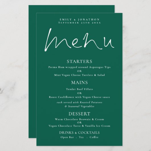 Budget Stijlvol Script Emerald Wedding Menu (Voorkant / Achterkant)
