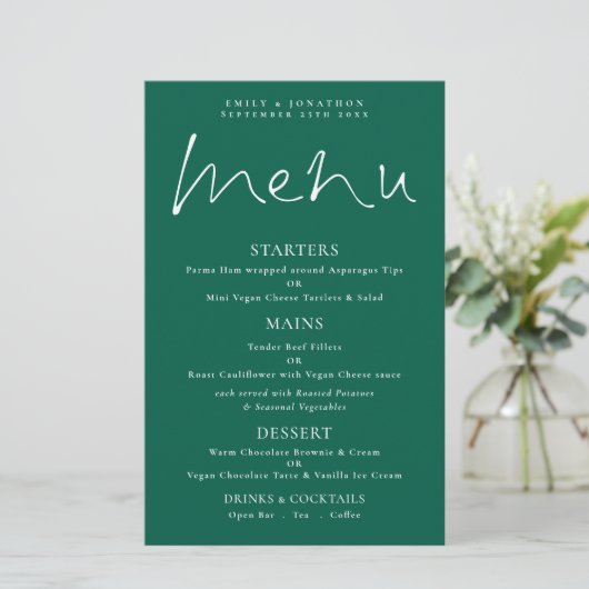 Budget Stijlvol Script Emerald Wedding Menu (Staand voorkant)