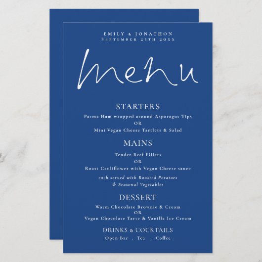 Budget Stijlvol Script Wit Blauw Bruiloft Menu (Voorkant / Achterkant)