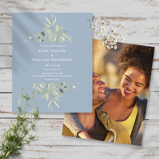 Budget Stof Blauw Blad Bruiloft Foto Uitnodiging