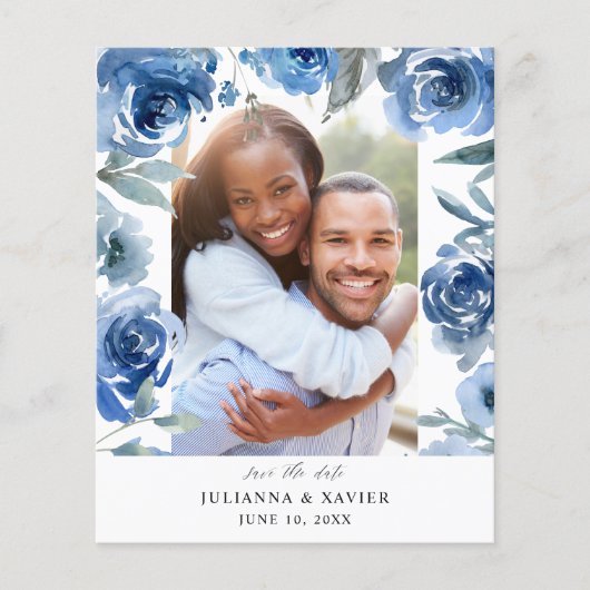 Budget Stof Blauw & Blauw Bloemstuk Save the Date Flyer (Voorkant)