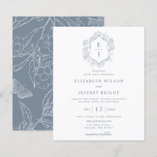 Budget Stof Blauw Bloem Crest Monogram Uitnodiging
