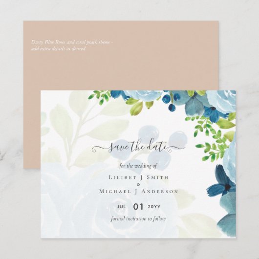 Budget Stof Blauw Bloemen Bruiloft Briefkaart (Voorkant / Achterkant)