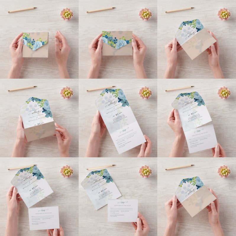 Budget Stof Blauw Bloemig Huwelijk All In One Uitnodiging