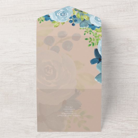 Budget Stof Blauw Bloemig Huwelijk All In One Uitnodiging (Buitenkant)