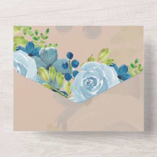 Budget Stof Blauw Bloemig Huwelijk All In One Uitnodiging (Achterkant)