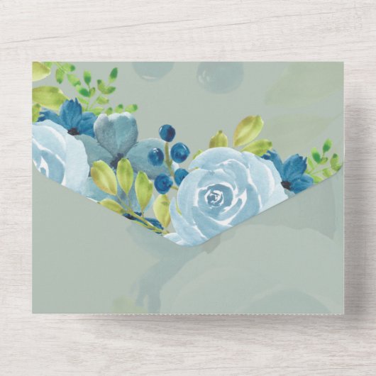 Budget Stof Blauw Bloemig Huwelijk All In One Uitnodiging (Achterkant)