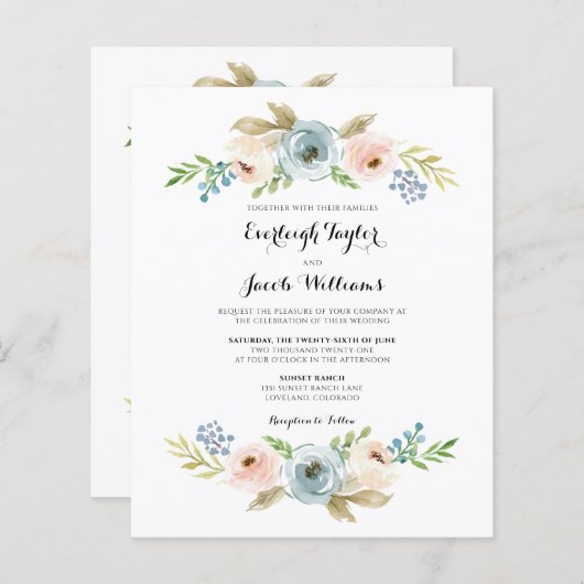 Budget Stof Blauw Bloemig Huwelijksuitnodiging (Voorkant / Achterkant)