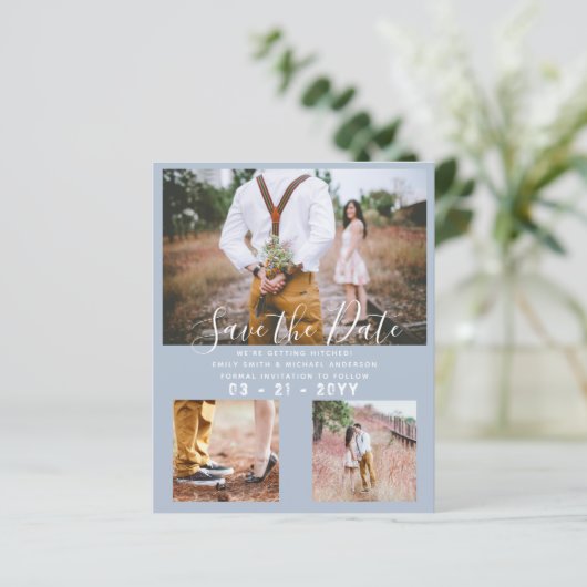 Budget Stof Blauw Foto Collage Save the Date (Staand voorkant)
