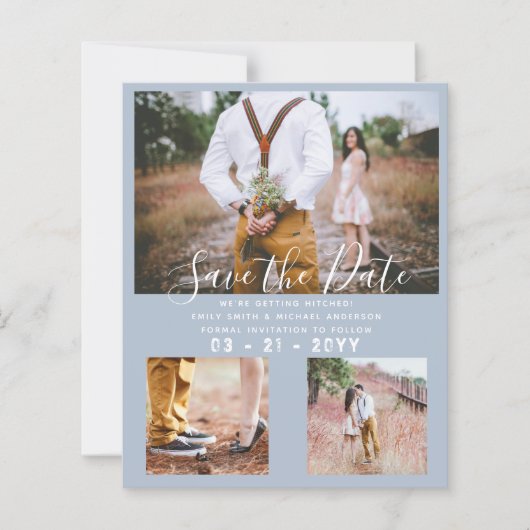 Budget Stof Blauw Foto Collage Save the Date (Voorkant)