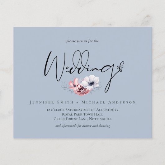 Budget Stof Blauw Koraal Bloem Bruiloft Uitnodigin (Voorkant)