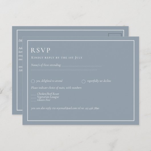 Budget Stof Blauw Monochroom Trouw RSVP Briefkaart (Voorkant / Achterkant)