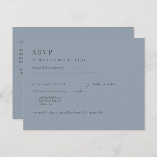 Budget Stof Blauw Monochroom Trouw RSVP Briefkaart (Voorkant / Achterkant)