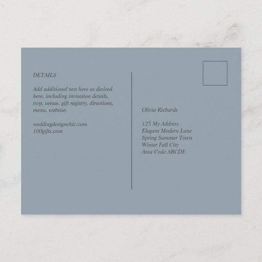 Budget Stof Blauw Monochroom Trouw RSVP Briefkaart (Achterkant)