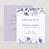 Budget Stof Blauw Paars Bloemstuk Save the Date Ka (Voorkant / Achterkant)