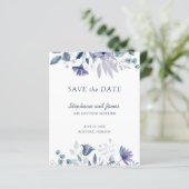 Budget Stof Blauw Paars Bloemstuk Save the Date Ka (Staand voorkant)